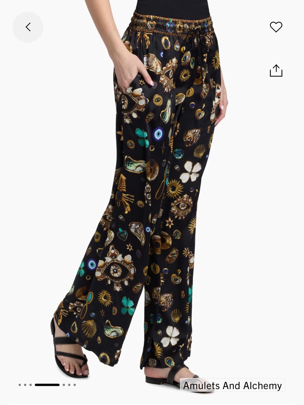 Camilla Black Silk Wide-Leg Pants with Gold and Teal Amulet Print